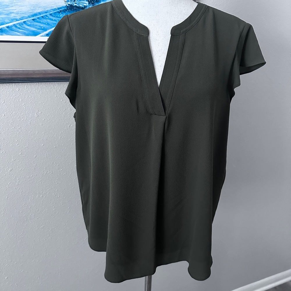 Calvin Klein Olive Split V-Neck Flutter Sleeve Blouse